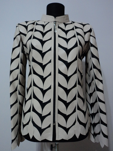 Beige Leather Leaf Jacket for Woman Design 04 Genuine Short Zip Up Light Lightweight
