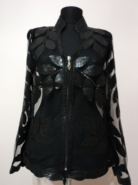 Black Snake Patter Leather Leaf Jacket for Woman V Neck Design 10 Genuine Short Zip Up Light Lightweight [ Click to See Photos ]