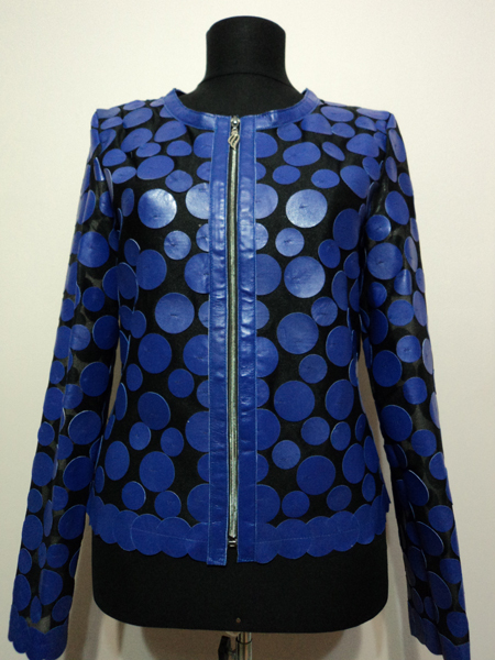 Blue Leather Leaf Jacket for Woman Design 07 Genuine Short Zip Up Light Lightweight [ Click to See Photos ]