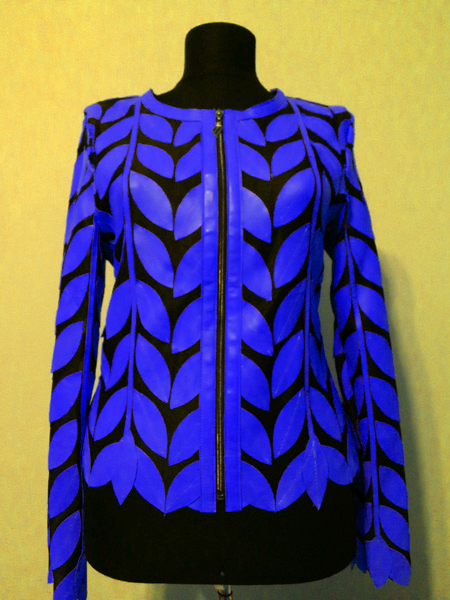 Blue Leather Leaf Jacket for Woman Round Neck Design 11 Genuine Short Zip Up Light Lightweight [ Click to See Photos ]