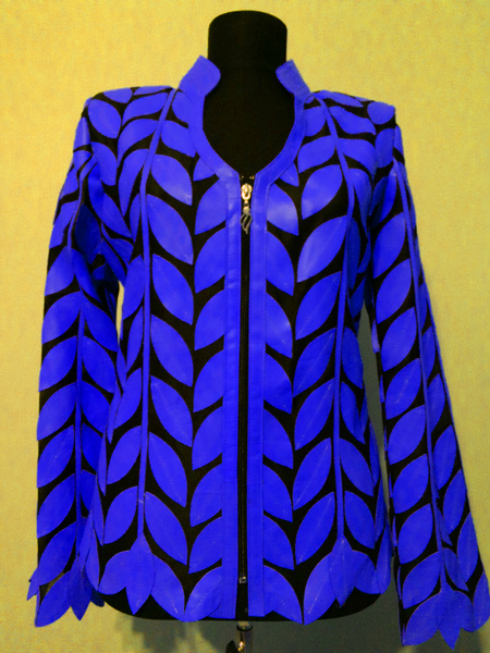 Blue Leather Leaf Jacket for Woman V Neck Design 08 Genuine Short Zip Up Light Lightweight [ Click to See Photos ]
