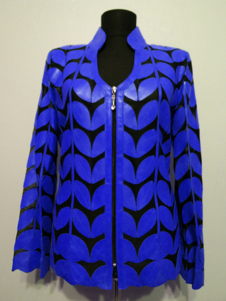 Blue Leather Leaf Jacket for Woman V Neck Design 09 Genuine Short Zip Up Light Lightweight [ Click to See Photos ]