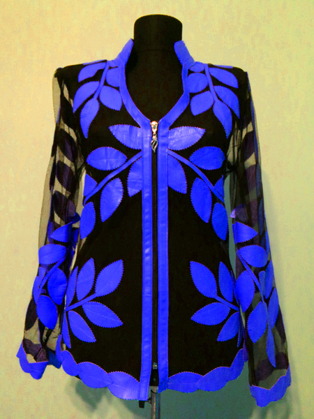 Blue Leather Leaf Jacket for Woman V Neck Design 10 Genuine Short Zip Up Light Lightweight [ Click to See Photos ]