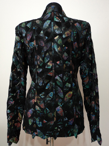 Flower Pattern Black Leather Leaf Jacket for Women Design 04 Genuine Short Zip Up Light Lightweight