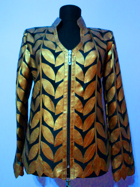 Gold Leather Leaf Jacket for Woman V Neck Design 08 Genuine Short Zip Up Light Lightweight [ Click to See Photos ]
