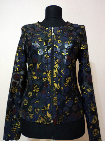 Gold Spotted Navy Blue Leather Leaf Jacket for Woman Design 07 Genuine Short Zip Up Light Lightweight [ Click to See Photos ]