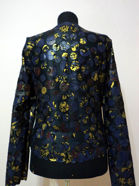 Gold Spotted Navy Blue Leather Leaf Jacket for Women Design 07 Genuine Short Zip Up Light Lightweight