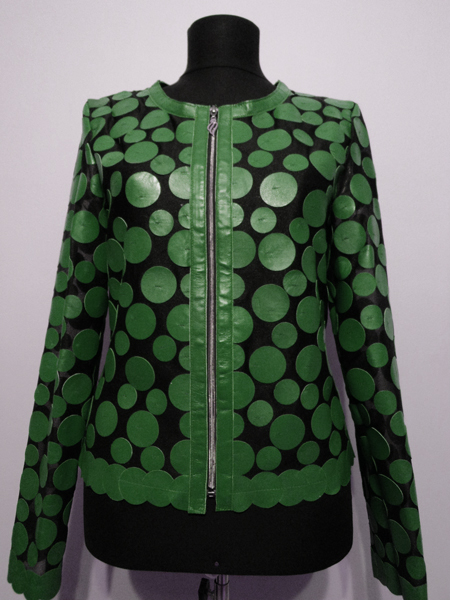 Green Leather Leaf Jacket for Woman Design 07 Genuine Short Zip Up Light Lightweight [ Click to See Photos ]