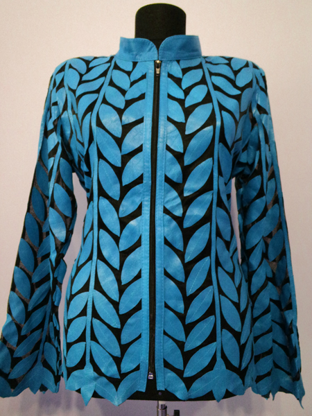 Ice Baby Blue Leather Leaf Jacket for Woman Design 04 Genuine Short Zip Up Light Lightweight