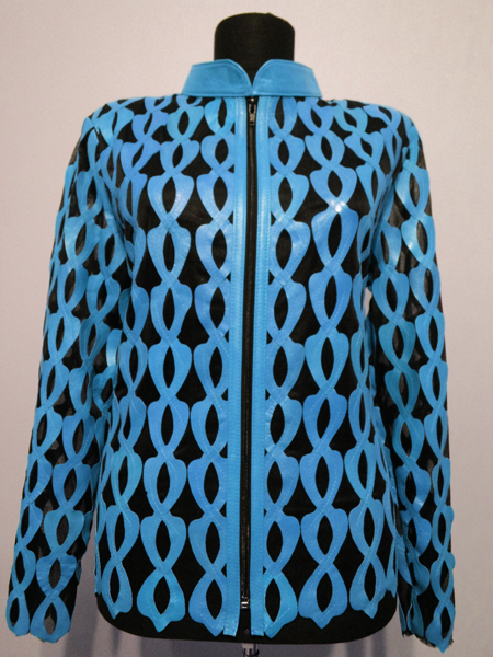 Ice Baby Blue Leather Leaf Jacket for Woman Design 05 Genuine Short Zip Up Light Lightweight