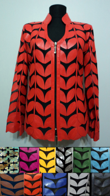 Leather Leaf Jacket for Woman V Neck Design 09 Genuine Short Zip Up Light Lightweight [ Click to See Photos ]