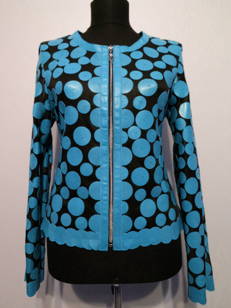 Light Blue Leather Leaf Jacket for Woman Design 07 Genuine Short Zip Up Light Lightweight [ Click to See Photos ]