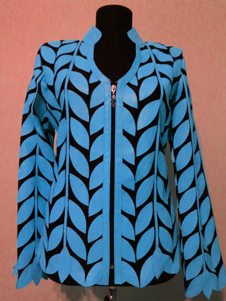 Light Blue Leather Leaf Jacket for Woman V Neck Design 08 Genuine Short Zip Up Light Lightweight [ Click to See Photos ]