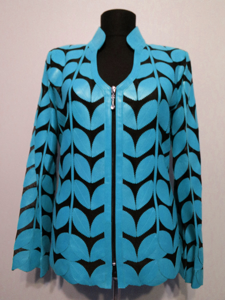 Light Blue Leather Leaf Jacket for Woman V Neck Design 09 Genuine Short Zip Up Light Lightweight [ Click to See Photos ]