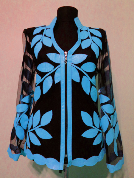 Light Blue Leather Leaf Jacket for Woman V Neck Design 10 Genuine Short Zip Up Light Lightweight [ Click to See Photos ]