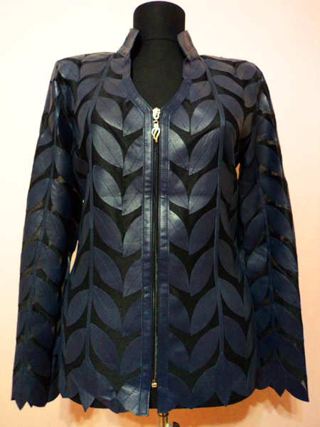 Navy Blue Leather Leaf Jacket for Woman V Neck Design 08 Genuine Short Zip Up Light Lightweight [ Click to See Photos ]