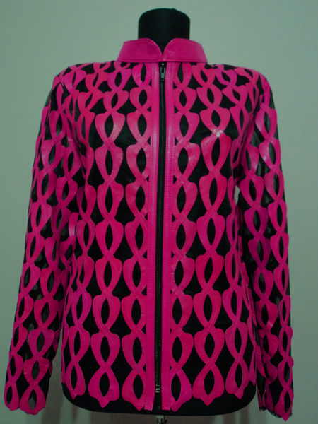 Pink Leather Leaf Jacket for Woman Design 05 Genuine Short Zip Up Light Lightweight