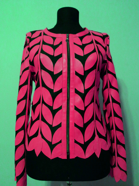 Pink Leather Leaf Jacket for Woman Round Neck Design 11 Genuine Short Zip Up Light Lightweight [ Click to See Photos ]
