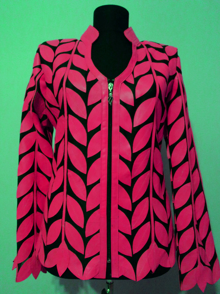 Pink Leather Leaf Jacket for Woman V Neck Design 08 Genuine Short Zip Up Light Lightweight [ Click to See Photos ]