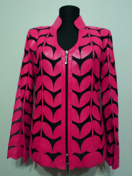 Pink Leather Leaf Jacket for Woman V Neck Design 09 Genuine Short Zip Up Light Lightweight [ Click to See Photos ]