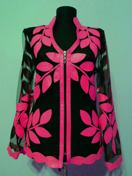 Pink Leather Leaf Jacket for Woman V Neck Design 10 Genuine Short Zip Up Light Lightweight [ Click to See Photos ]