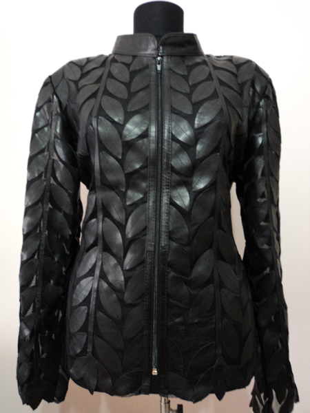 Plus Size Black Leather Leaf Jacket for Woman Design 04 Genuine Short Zip Up Light Lightweight [ Click to See Photos ]