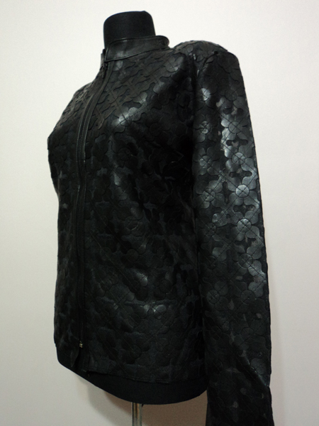 Plus Size Black Leather Leaf Jacket for Women Design 06 Genuine Short Zip Up Light Lightweight