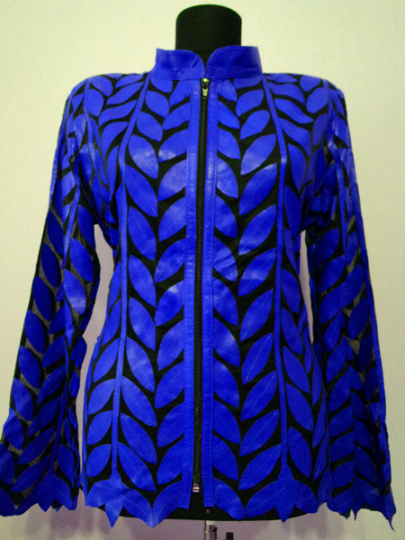 Plus Size Blue Leather Leaf Jacket for Woman Design 04 Genuine Short Zip Up Light Lightweight [ Click to See Photos ]