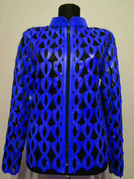 Plus Size Blue Leather Leaf Jacket for Woman Design 05 Genuine Short Zip Up Light Lightweight [ Click to See Photos ]