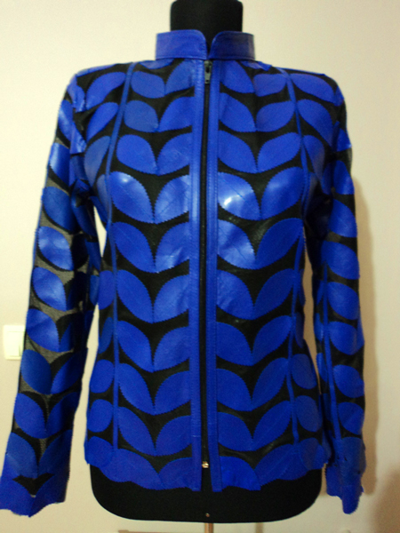 Plus Size Blue Leather Leaf Jacket Women Design Genuine Short Zip Up Light Lightweight