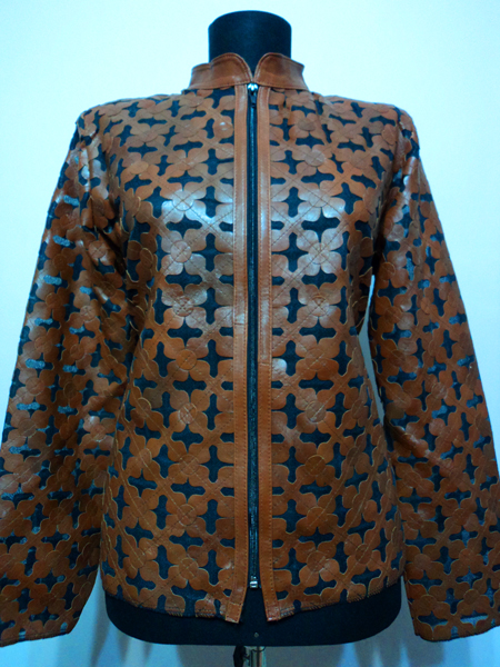 Plus Size Brown Leather Leaf Jacket Women Design Genuine Short Zip Up Light Lightweight