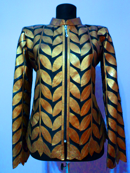 Plus Size Gold Leather Leaf Jacket for Woman Design 04 Genuine Short Zip Up Light Lightweight [ Click to See Photos ]