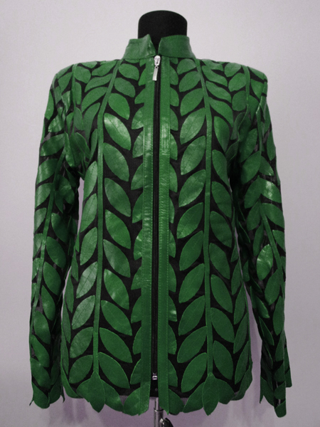 Plus Size Green Leather Leaf Jacket for Woman Design 04 Genuine Short Zip Up Light Lightweight [ Click to See Photos ]