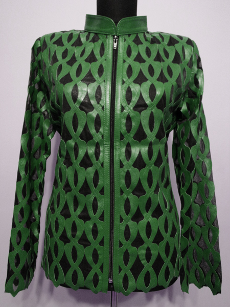 Plus Size Green Leather Leaf Jacket for Woman Design 05 Genuine Short Zip Up Light Lightweight [ Click to See Photos ]