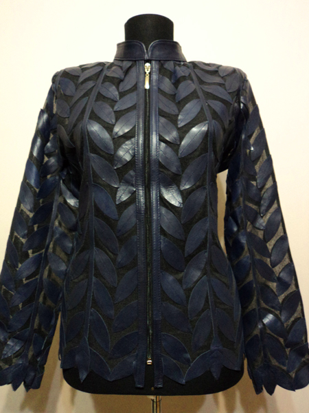 Plus Size Navy Blue Leather Leaf Jacket for Woman Design 04 Genuine Short Zip Up Light Lightweight [ Click to See Photos ]