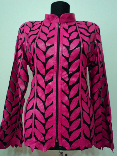 Plus Size Pink Leather Leaf Jacket for Woman Design 04 Genuine Short Zip Up Light Lightweight [ Click to See Photos ]