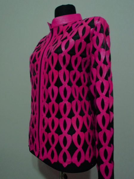 Plus Size Pink Leather Leaf Jacket Women Design Genuine Short Zip Up Light Lightweight