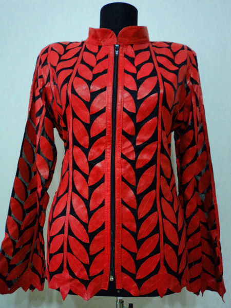 Plus Size Red Leather Leaf Jacket for Woman Design 04 Genuine Short Zip Up Light Lightweight [ Click to See Photos ]
