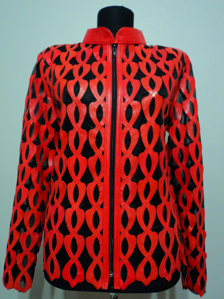 Red Leather Leaf Jacket for Woman Design 05 Genuine Short Zip Up Light Lightweight