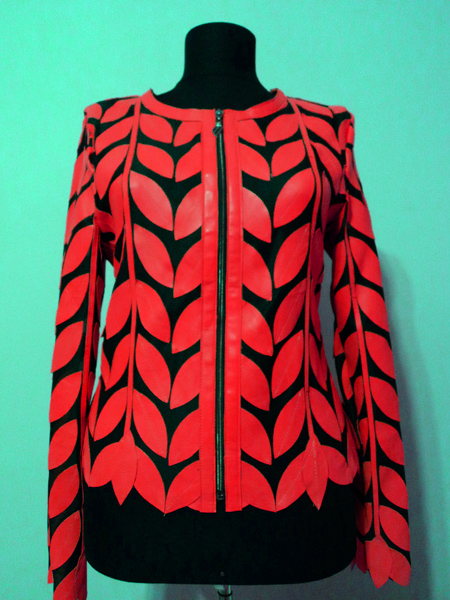Red Leather Leaf Jacket for Woman Round Neck Design 11 Genuine Short Zip Up Light Lightweight [ Click to See Photos ]
