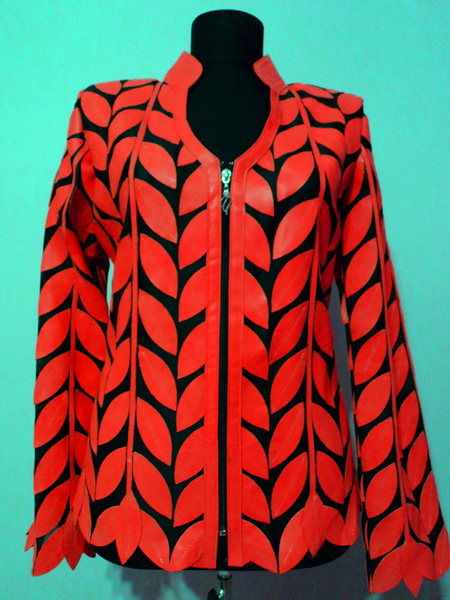 Red Leather Leaf Jacket for Woman V Neck Design 08 Genuine Short Zip Up Light Lightweight [ Click to See Photos ]