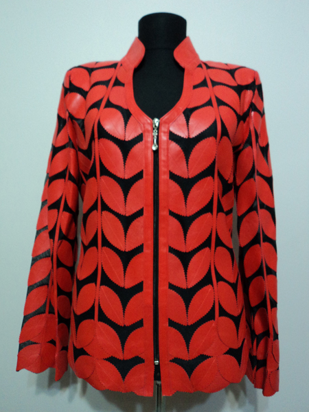 Red Leather Leaf Jacket for Woman V Neck Design 09 Genuine Short Zip Up Light Lightweight [ Click to See Photos ]