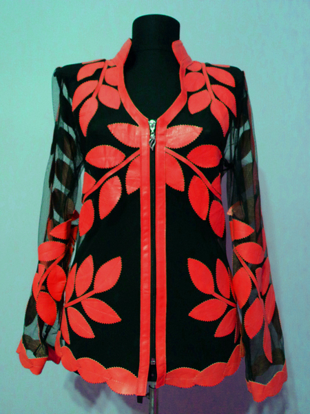 Red Leather Leaf Jacket for Woman V Neck Design 10 Genuine Short Zip Up Light Lightweight [ Click to See Photos ]