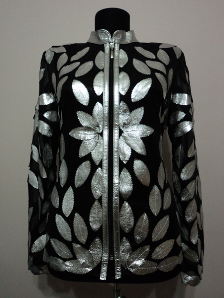 Silver Gray Leather Leaf Jacket for Woman