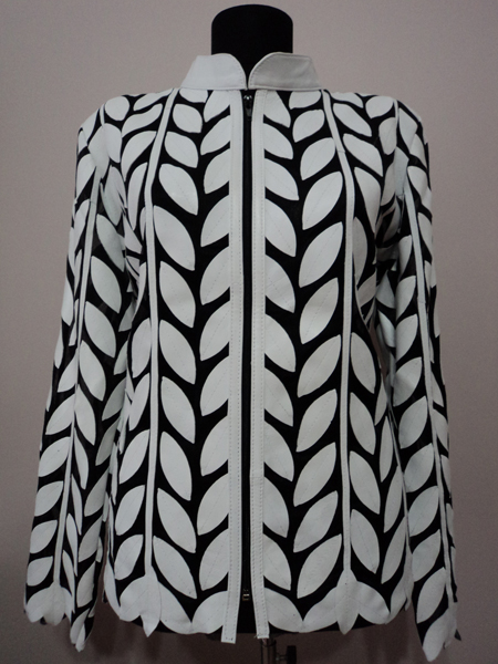 White Leather Leaf Jacket for Woman Design 04 Genuine Short Zip Up Light Lightweight