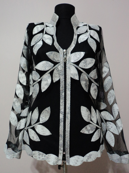 White Snake Patter Leather Leaf Jacket for Woman V Neck Design 10 Genuine Short Zip Up Light Lightweight [ Click to See Photos ]