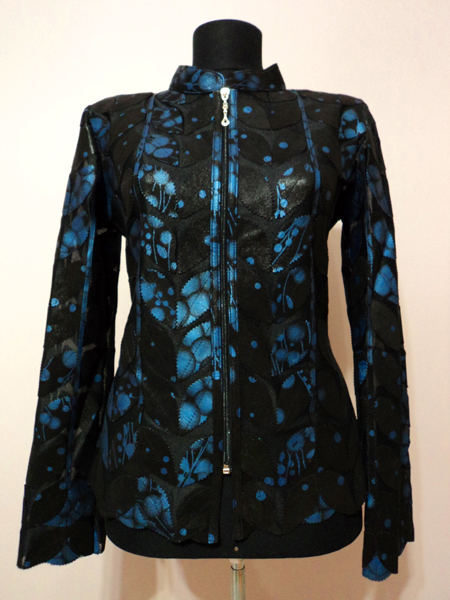 Blue Spotted Black Leather Leaf Jacket for Woman [ Click to See Photos ]