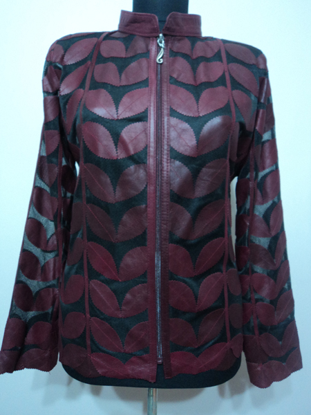 Burgundy Leather Leaf Jacket for Woman [ Click to See Photos ]