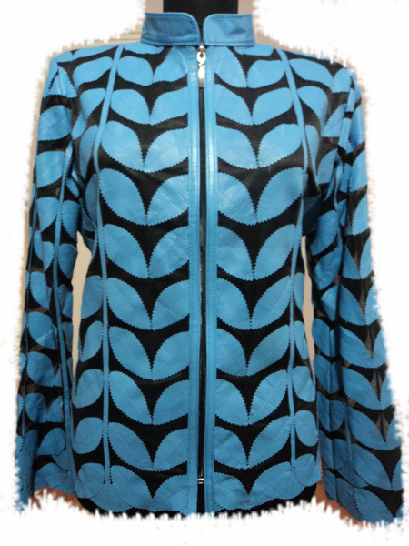 Light / Ice / Baby Blue Leather Leaf Jacket for Woman [ Click to See Photos ]