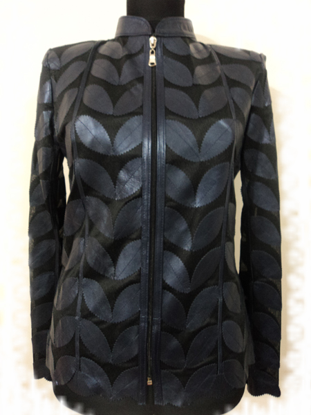 Navy Blue Leather Leaf Jacket for Woman [ Click to See Photos ]